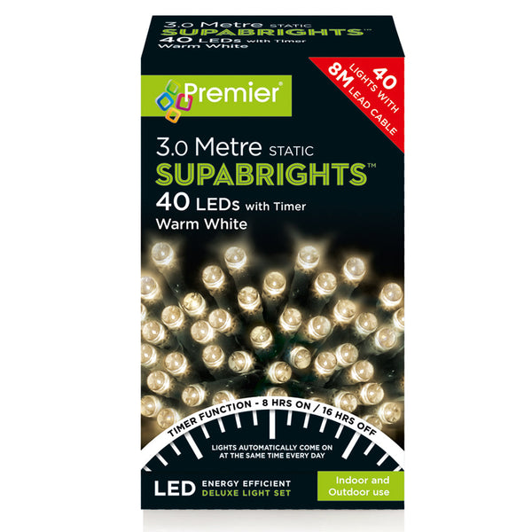 40 LED Supabrights Festive Lights With Timer - Green Cable - Warm White